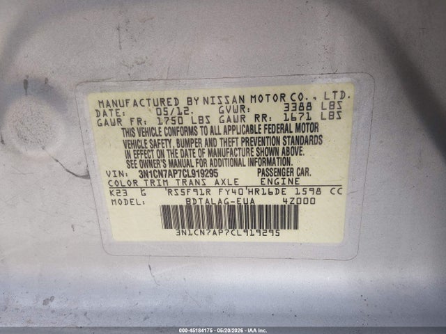 Продажа на аукционе авто 2012 Nissan Versa 1.6 S, vin: 3N1CN7AP7CL919295, номер лота: 45184175