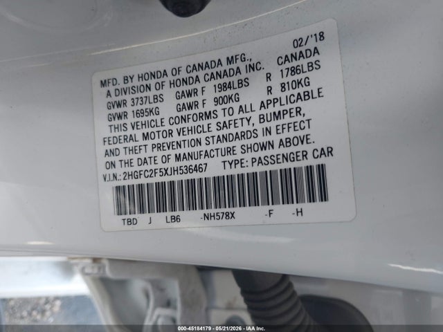 Продажа на аукционе авто 2018 Honda Civic Lx, vin: 2HGFC2F5XJH536467, номер лота: 45184179