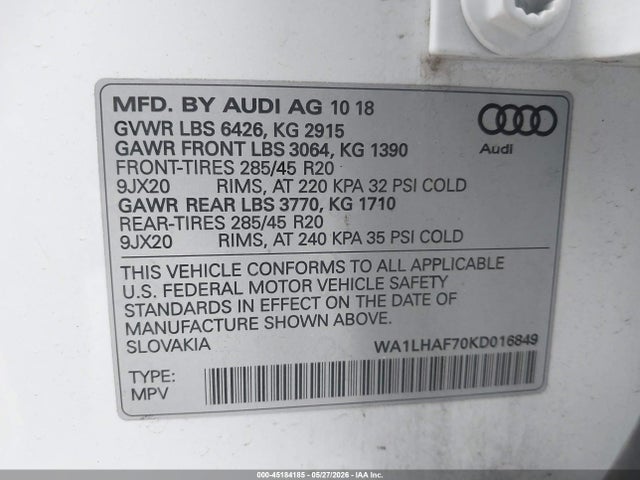 Aukcja sprzedaży 2019 Audi Q7 45 Premium/45 Se Premium, vin: WA1LHAF70KD016849, numer aukcji: 45184185