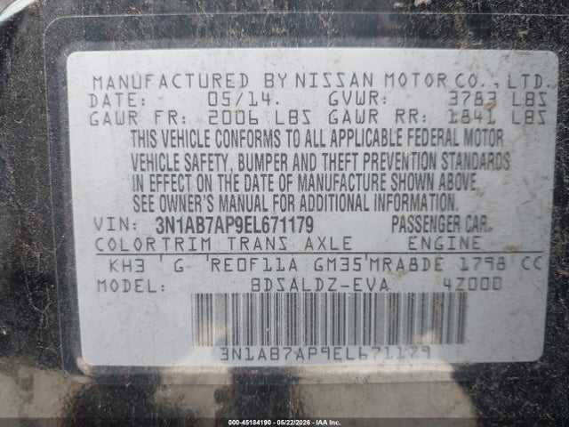 Продажа на аукционе авто 2014 Nissan Sentra Fe+ S/fe+ Sv/s/sl/sr/sv, vin: 3N1AB7AP9EL671179, номер лота: 45184190