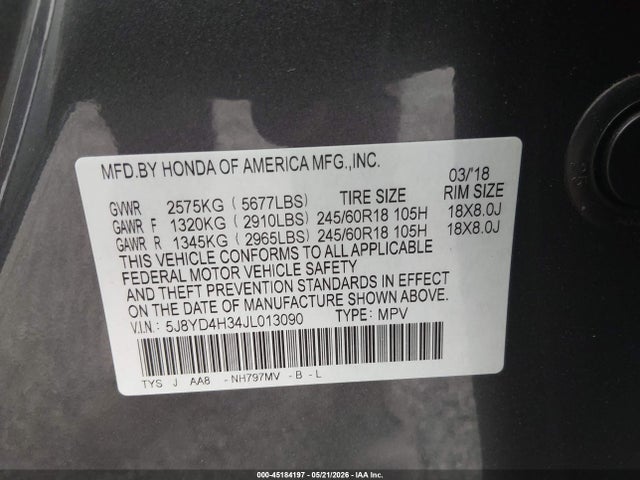 45184197 :رقم المزاد ، 5J8YD4H34JL013090 vin ، 2018 Acura Mdx مزاد بيع