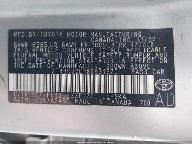 45184200 :رقم المزاد ، 2T1BR32E18C931570 vin ، 2008 Toyota Corolla S مزاد بيع