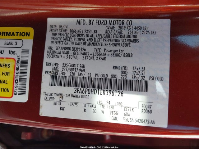 Продажа на аукционе авто 2014 Ford Fusion Se, vin: 3FA6P0HD1ER396126, номер лота: 45184205