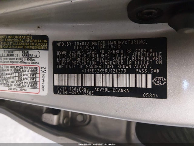 2006 Toyota Camry Le მანქანა იყიდება აუქციონზე, vin: 4T1BE32K56U124370, აუქციონის ნომერი: 45184211