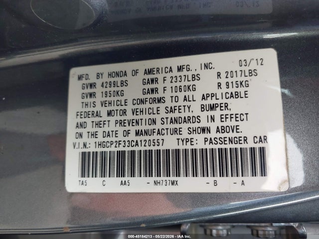 Продаж на аукціоні авто 2012 Honda Accord 2.4 Lx, vin: 1HGCP2F33CA120557, номер лоту: 45184213