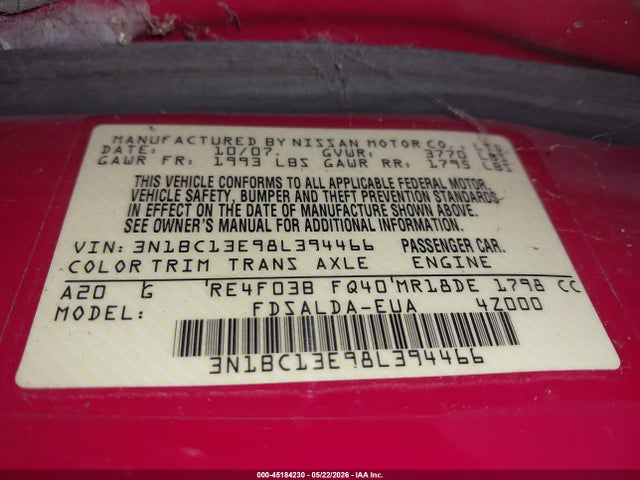 Продажа на аукционе авто 2008 Nissan Versa 1.8s, vin: 3N1BC13E98L394466, номер лота: 45184230