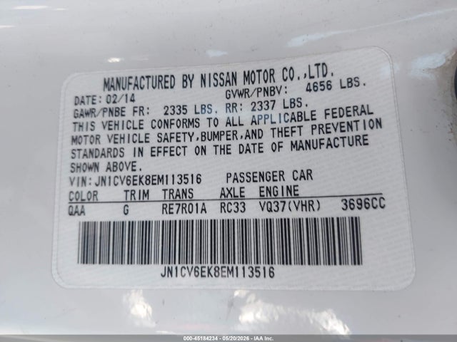 45184234 :رقم المزاد ، JN1CV6EK8EM113516 vin ، 2014 Infiniti Q60 Journey مزاد بيع