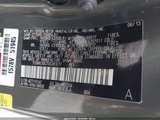 Aukcja sprzedaży 2013 Toyota Sienna Le V6 8 Passenger, vin: 5TDKK3DC7DS381017, numer aukcji: 45184240