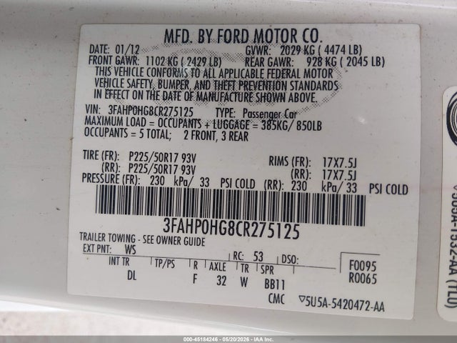 45184246 :رقم المزاد ، 3FAHP0HG8CR275125 vin ، 2012 Ford Fusion Se مزاد بيع