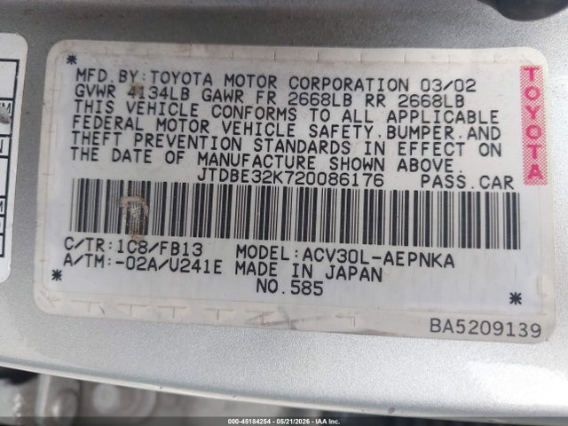 45184254 :رقم المزاد ، JTDBE32K720086176 vin ، 2002 Toyota Camry Le مزاد بيع