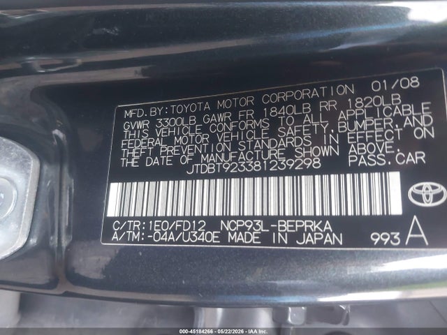 45184266 :رقم المزاد ، JTDBT923381239298 vin ، 2008 Toyota Yaris S مزاد بيع