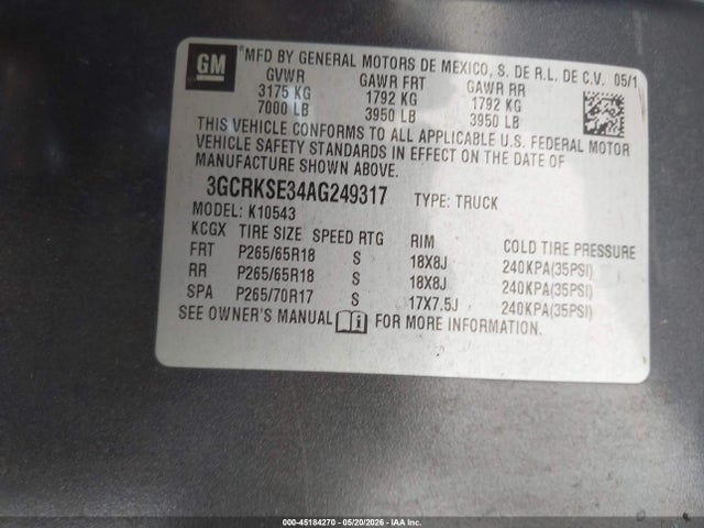 2010 Chevrolet Silverado 1500 Lt მანქანა იყიდება აუქციონზე, vin: 3GCRKSE34AG249317, აუქციონის ნომერი: 45184270
