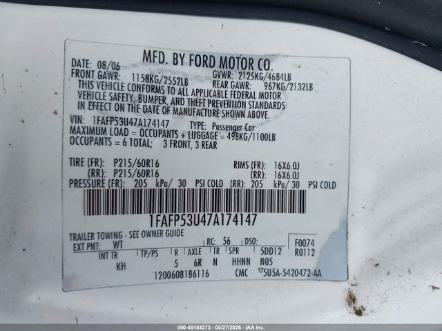 Продаж на аукціоні авто 2007 Ford Taurus Se, vin: 1FAFP53U47A174147, номер лоту: 45184273