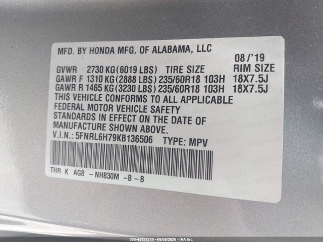 Aukcja sprzedaży 2019 Honda Odyssey Ex-l, vin: 5FNRL6H79KB136506, numer aukcji: 45184280