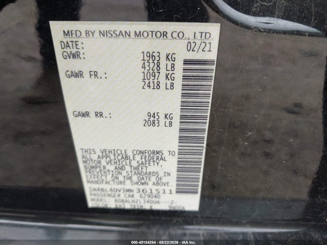 2021 Nissan Altima Sv Fwd მანქანა იყიდება აუქციონზე, vin: 1N4BL4DV3MN361511, აუქციონის ნომერი: 45184284