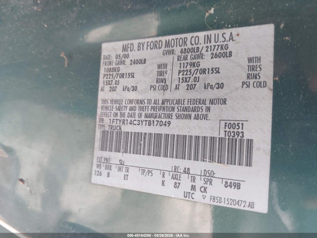 2000 Ford Ranger Xl/xlt მანქანა იყიდება აუქციონზე, vin: 1FTYR14C3YTB17049, აუქციონის ნომერი: 45184290