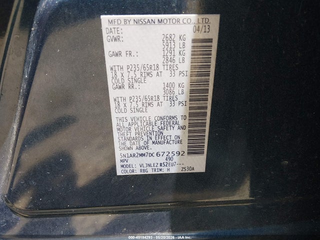 Aukcja sprzedaży 2013 Nissan Pathfinder Sv, vin: 5N1AR2MM7DC672592, numer aukcji: 45184293