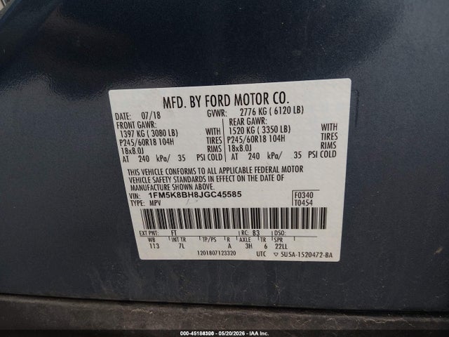 Aukcja sprzedaży 2018 Ford Explorer, vin: 1FM5K8BH8JGC45585, numer aukcji: 45184300