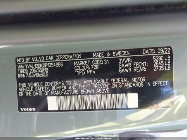 2023 Volvo Xc60 B5 Core მანქანა იყიდება აუქციონზე, vin: YV4L12DK0P1254956, აუქციონის ნომერი: 45184307