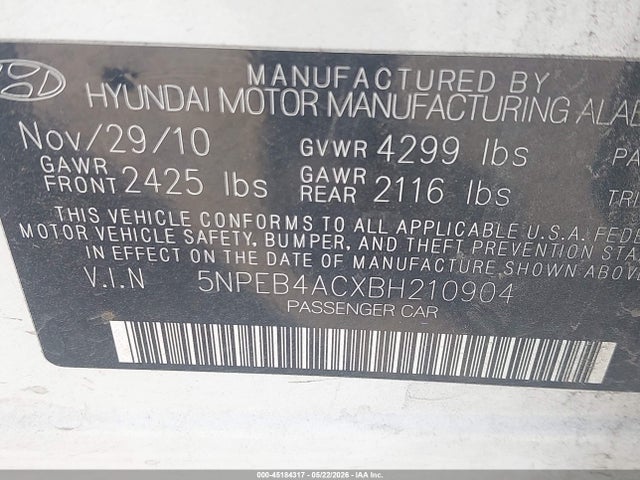 2011 Hyundai Sonata Gls მანქანა იყიდება აუქციონზე, vin: 5NPEB4ACXBH210904, აუქციონის ნომერი: 45184317