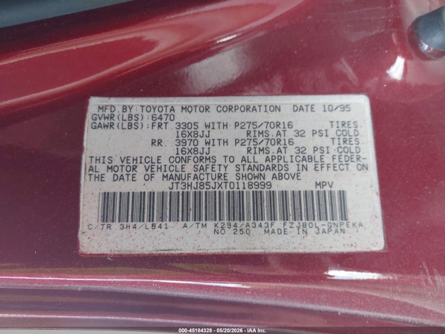 45184328 :رقم المزاد ، JT3HJ85JXT0118999 vin ، 1996 Toyota Land Cruiser Hj85 مزاد بيع