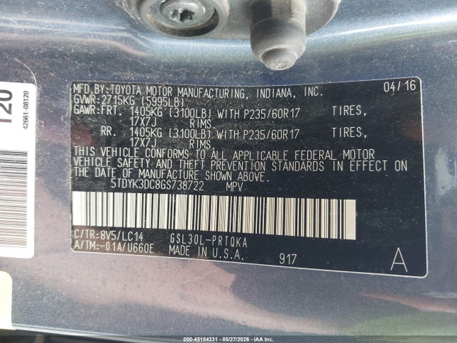 Продаж на аукціоні авто 2016 Toyota Sienna Xle Premium 8 Passenger, vin: 5TDYK3DC8GS738722, номер лоту: 45184331