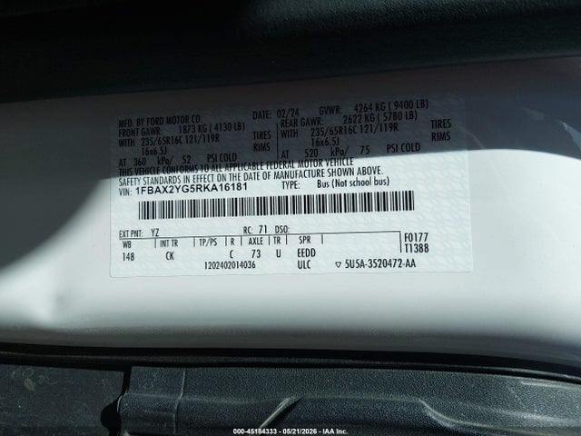 45184333 :رقم المزاد ، 1FBAX2YG5RKA16181 vin ، 2024 Ford Transit-350 Passenger Van Xlt مزاد بيع