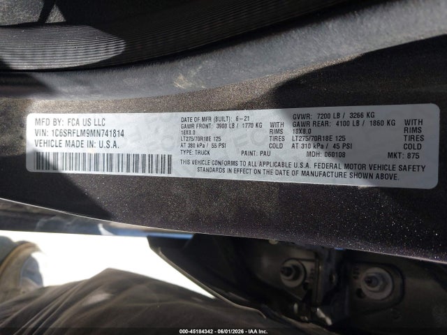 45184342 :رقم المزاد ، 1C6SRFLM9MN741814 vin ، 2021 Ram 1500 Rebel  4x4 5'7 Box مزاد بيع