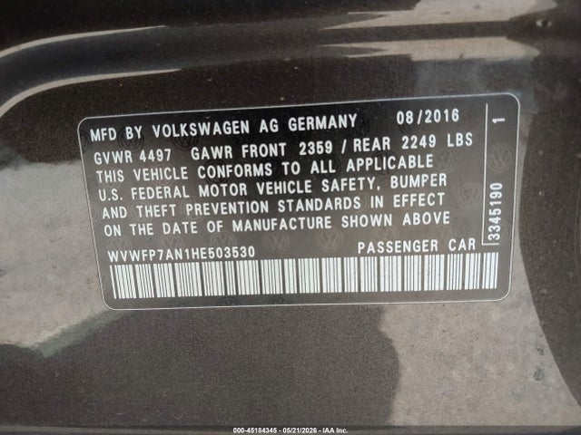 Продаж на аукціоні авто 2017 Volkswagen Cc 2.0t R-line Executive, vin: WVWFP7AN1HE503530, номер лоту: 45184345