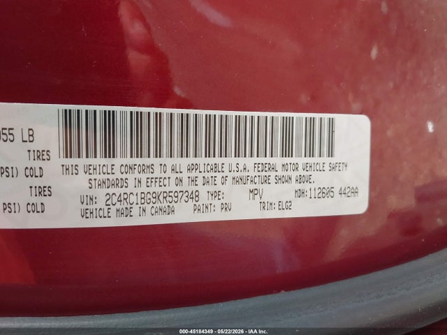 45184349 :رقم المزاد ، 2C4RC1BG9KR597348 vin ، 2019 Chrysler Pacifica Touring L مزاد بيع