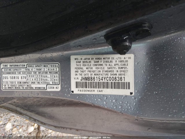 Aukcja sprzedaży 2000 Honda Prelude Type Sh, vin: JHMBB6154YC006361, numer aukcji: 45184363