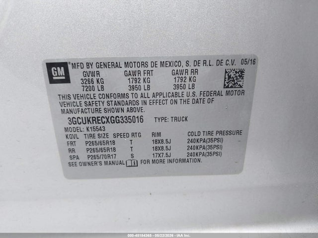 3GCUKRECXGG335016 Chevrolet Silverado 1500 2lt
