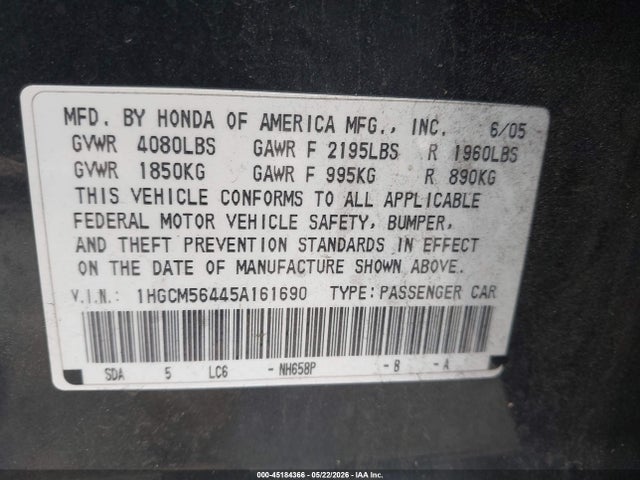 Aukcja sprzedaży 2005 Honda Accord 2.4 Lx, vin: 1HGCM56445A161690, numer aukcji: 45184366