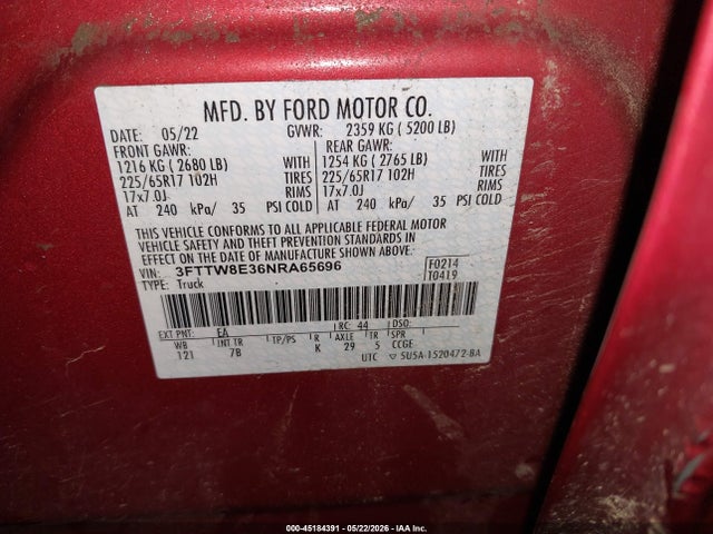 2022 Ford Maverick Xlt მანქანა იყიდება აუქციონზე, vin: 3FTTW8E36NRA65696, აუქციონის ნომერი: 45184391
