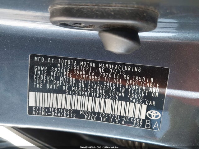 2015 Toyota Corolla S Plus მანქანა იყიდება აუქციონზე, vin: 5YFBURHE1FP305250, აუქციონის ნომერი: 45184392