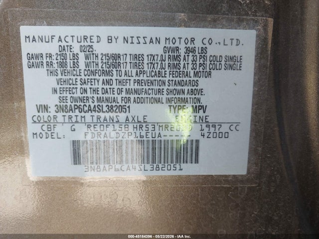 45184396 :رقم المزاد ، 3N8AP6CA4SL382051 vin ، 2025 Nissan Kicks Sv Fwd مزاد بيع