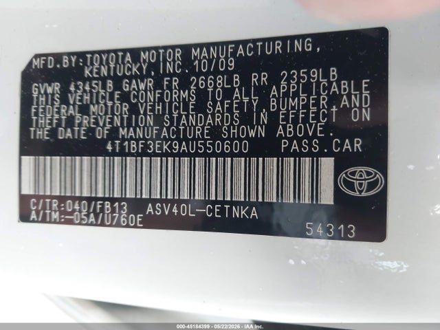 2010 Toyota Camry Le მანქანა იყიდება აუქციონზე, vin: 4T1BF3EK9AU550600, აუქციონის ნომერი: 45184399
