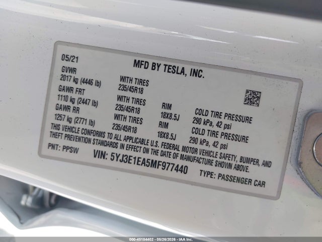 Tesla Model 3 Standard Range Plus Rear-wheel Drive 2021 5YJ3E1EA5MF977440 Image 9