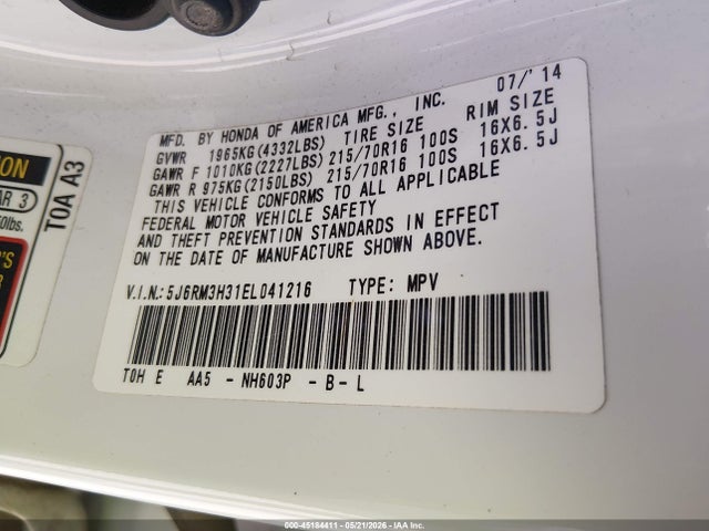 Aukcja sprzedaży 2014 Honda Cr-v Lx, vin: 5J6RM3H31EL041216, numer aukcji: 45184411