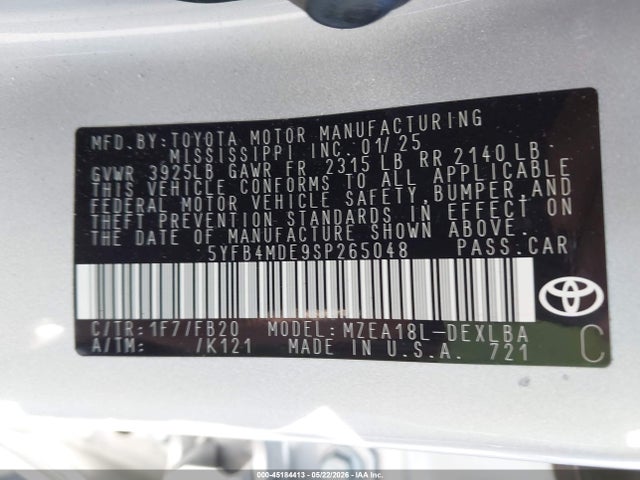 45184413 :رقم المزاد ، 5YFB4MDE9SP265048 vin ، 2025 Toyota Corolla Le مزاد بيع