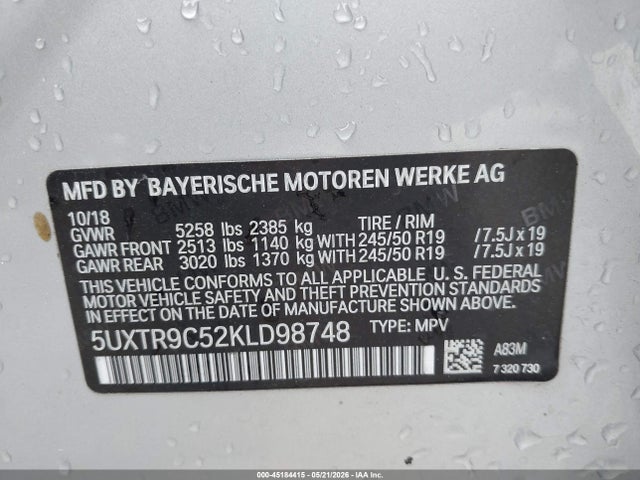 Aukcja sprzedaży 2019 Bmw X3 Xdrive30i, vin: 5UXTR9C52KLD98748, numer aukcji: 45184415