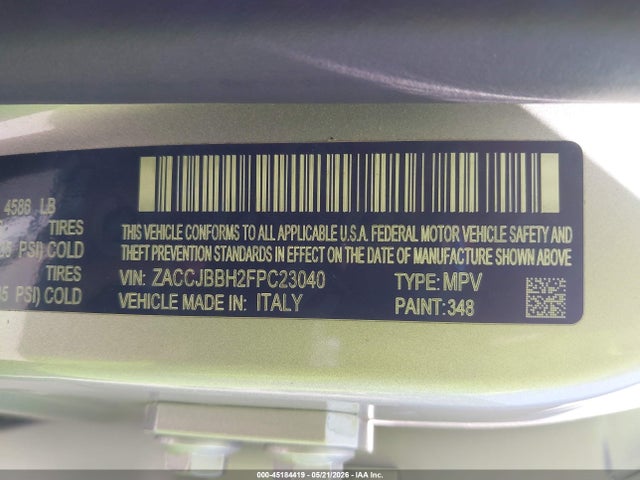 2015 Jeep Renegade Latitude მანქანა იყიდება აუქციონზე, vin: ZACCJBBH2FPC23040, აუქციონის ნომერი: 45184419