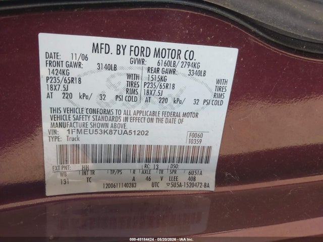 45184424 :رقم المزاد ، 1FMEU53K87UA51202 vin ، 2007 Ford Explorer Sport Trac Limited مزاد بيع