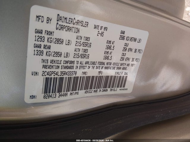 45184436 :رقم المزاد ، 2C4GP54L35R433370 vin ، 2005 Chrysler Town & Country Touring مزاد بيع
