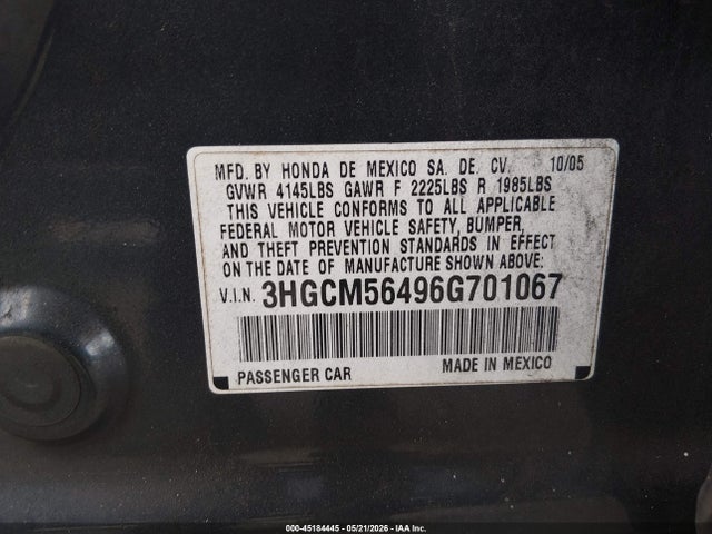 Aukcja sprzedaży 2006 Honda Accord 2.4 Lx, vin: 3HGCM56496G701067, numer aukcji: 45184445