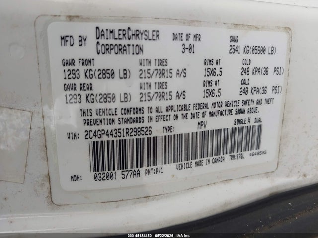 Продажа на аукционе авто 2001 Chrysler Town & Country Lx, vin: 2C4GP44351R298526, номер лота: 45184450