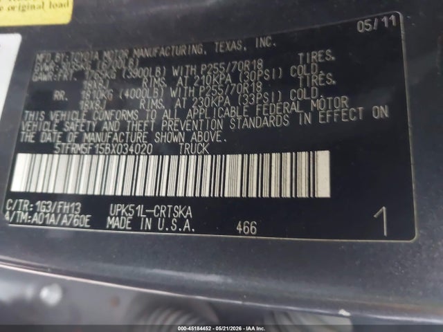 Продаж на аукціоні авто 2011 Toyota Tundra Grade 4.6l V8, vin: 5TFRM5F15BX034020, номер лоту: 45184452