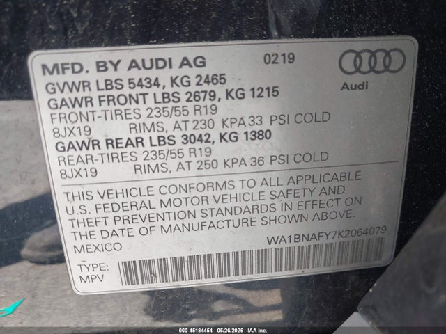 Продаж на аукціоні авто 2019 Audi Q5 45 Premium, vin: WA1BNAFY7K2064079, номер лоту: 45184454