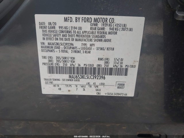 Aukcja sprzedaży 2020 Ford Ecosport Titanium, vin: MAJ6S3KL5LC392396, numer aukcji: 45184466