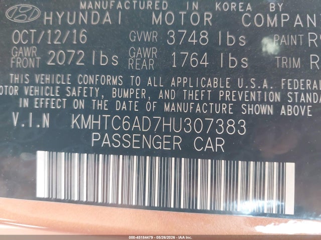 Aukcja sprzedaży 2017 Hyundai Veloster, vin: KMHTC6AD7HU307383, numer aukcji: 45184479